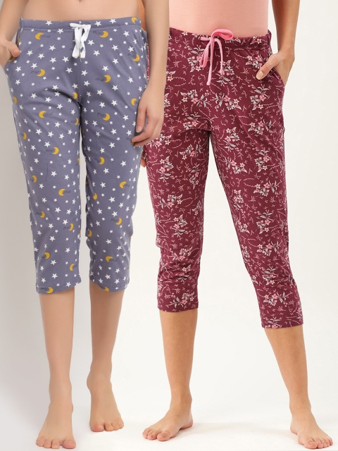 

Kanvin Women Grey & Burgundy Pack Of 2 Printed Pure Cotton Straight Capri Lounge Pants