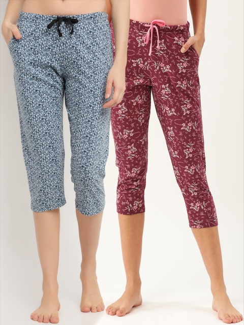

Kanvin Pack Of 2 Maroon & Blue Printed Pure Cotton Lounge Pants