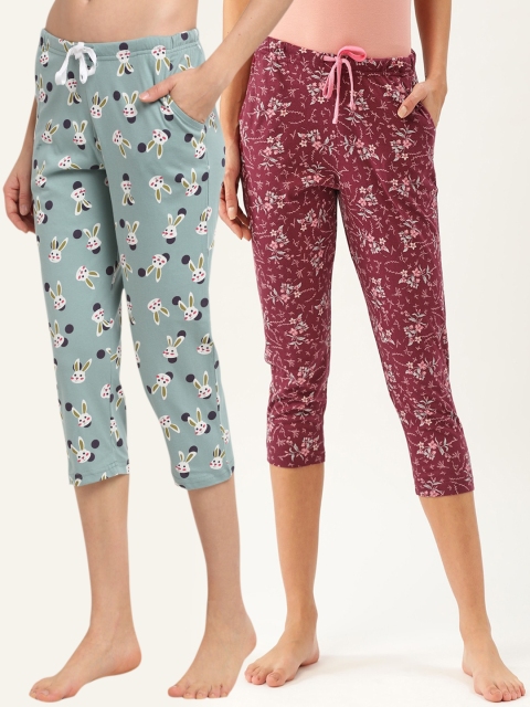 

Kanvin Women Pack of 2 Printed Pure Cotton Three-Fourth Mid-Rise Lounge Pants, Maroon