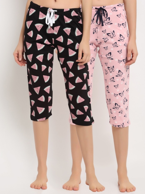 

Kanvin Women Black & Pink Pack Of 2 Printed Pure Cotton Lounge Pants