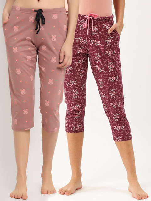 

Kanvin Women Burgundy & Mauve Pink Pack Of 2 Printed Pure Cotton Straight Lounge Pants