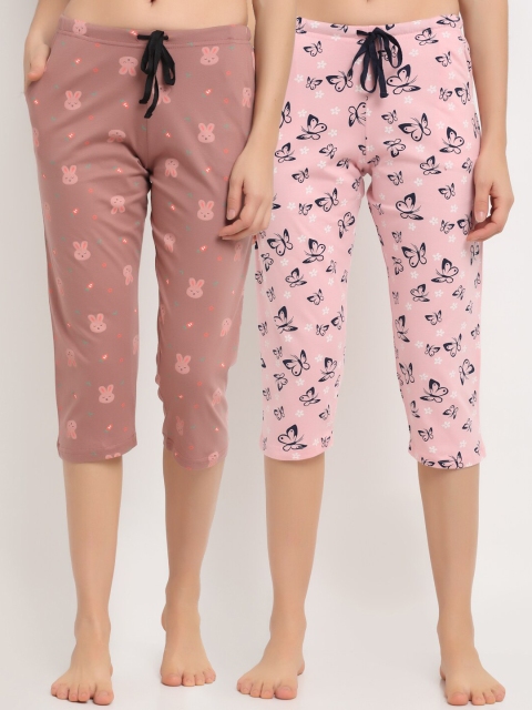 

Kanvin Women Pack Of 2 Printed Pure Cotton Lounge Pants, Pink