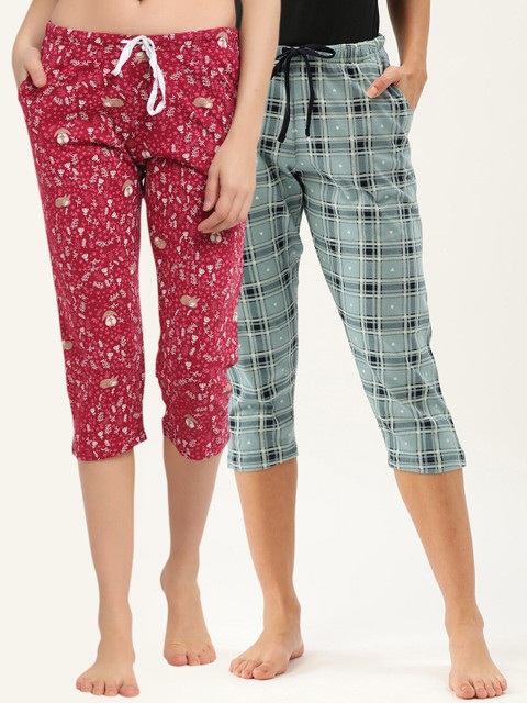 

Kanvin Women Pack Of 2 Printed Pure Cotton Lounge Pants, Blue