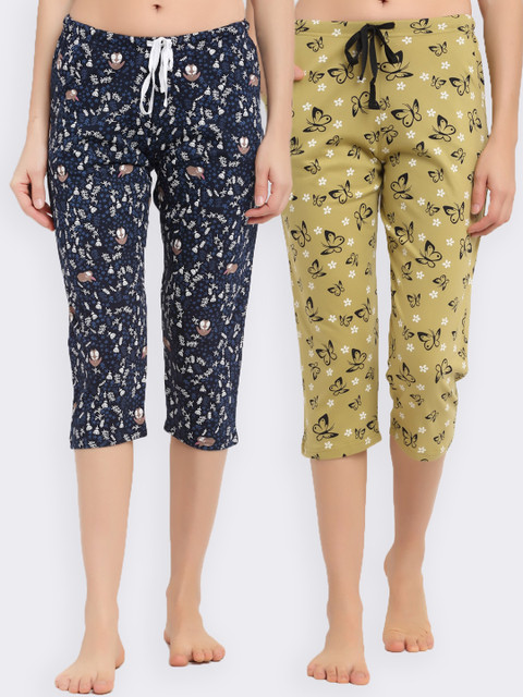 

Kanvin Women Pack Of 2 Printed Pure Cotton Lounge Pants, Green