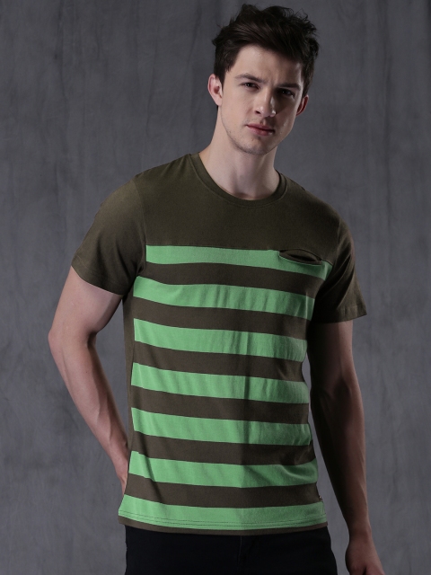 

WROGN Men Olive Green Striped T-shirt