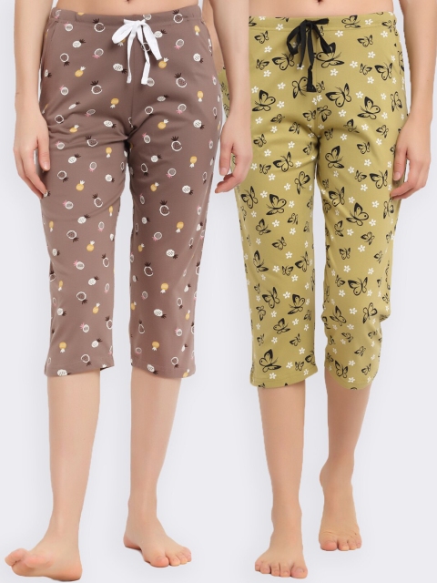 

Kanvin Women Olive Green & Brown Pack Of 2 Printed Pure Cotton Straight Capri Lounge Pants