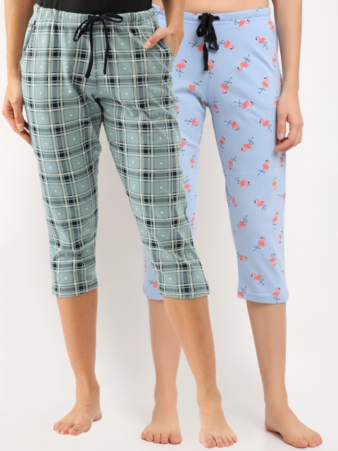 

Kanvin Women Pack Of 2 Printed Pure Cotton Lounge Pants, Blue