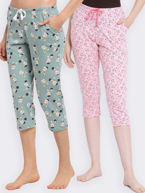 

Kanvin Pack Of 2 Mint Green & Pink Printed Cotton Cropped Lounge Pants