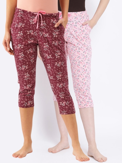 

Kanvin Women Pack Of 2 Printed Pure Cotton Lounge Pants, Maroon