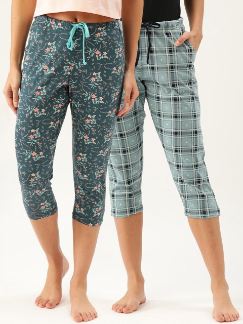 

Kanvin Women Pack Of 2 Printed Pure Cotton Lounge Pants, Teal