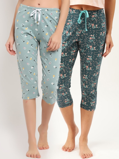 

Kanvin Women Pack Of 2 Printed Pure Cotton Lounge Pants, Teal