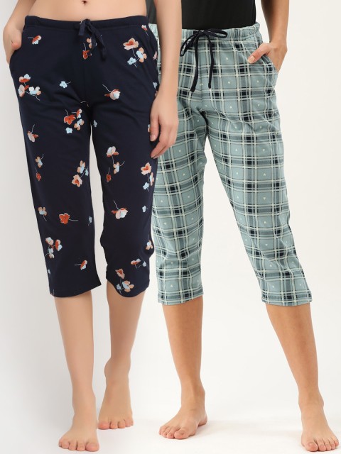

Kanvin Women Navy Blue & Green Set of 2 Three Fourth Length Cotton Lounge Pants