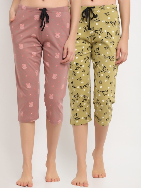 

Kanvin Women Pack Of 2 Printed Pure Cotton Lounge Pants, Green