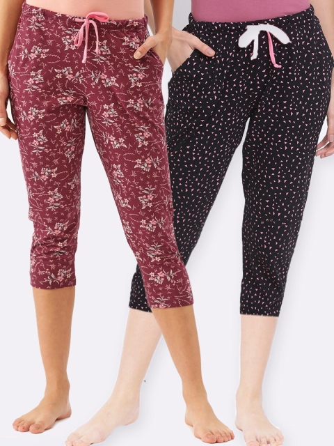 

Kanvin Women Pack Of 2 Printed Pure Cotton Lounge Pants, Maroon
