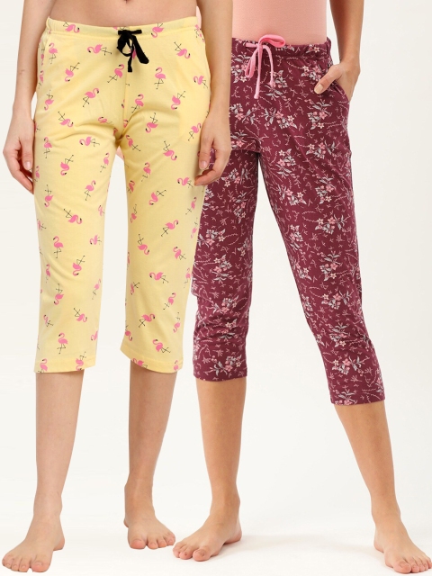 

Kanvin Women Pack Of 2 Printed Pure Cotton Three-Fourth Lounge Pants, Maroon