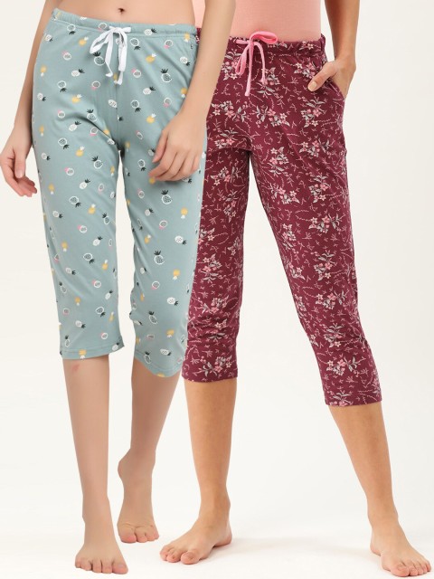 

Kanvin Women Pack Of 2 Printed Pure Cotton Lounge Pants, Maroon