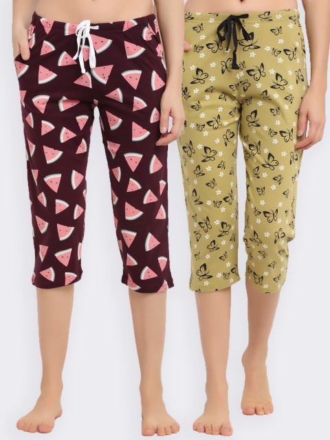 

Kanvin Women Pack Of 2 Printed Pure Cotton Lounge Pants, Green