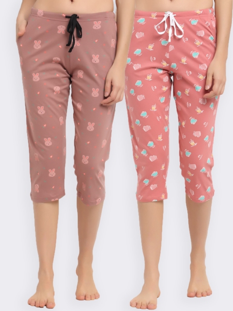 

Kanvin Women Pack Of 2 Printed Pure Cotton Lounge Pants, Coral