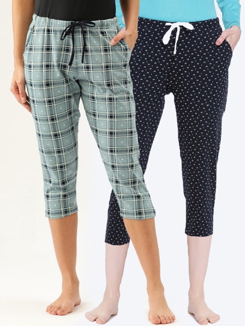 

Kanvin Women Blue Pack Of 2 Printed & Checked Pure Cotton Straight Capri Lounge Pants