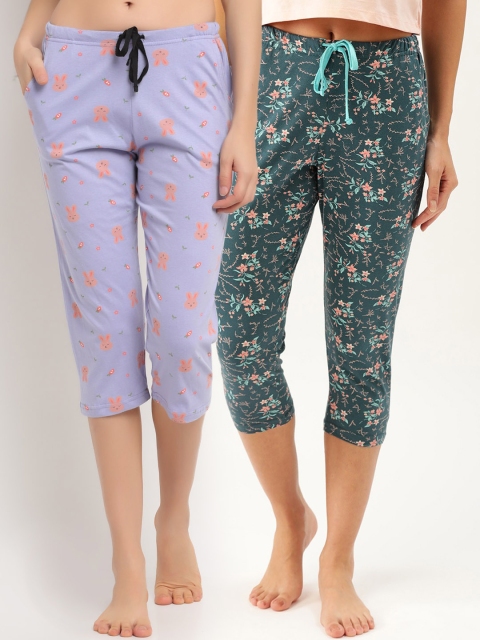 

Kanvin Women Pack of 2 Teal & Violet Pure Cotton Lounge Pants