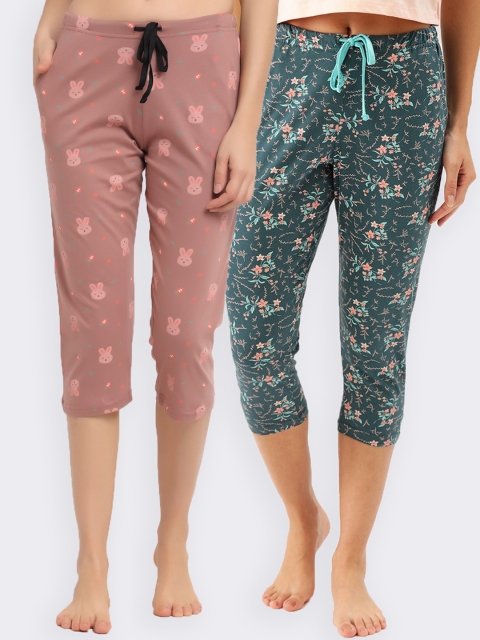 

Kanvin Pack Of 2 Printed Cotton Cropped Lounge Pants, Teal