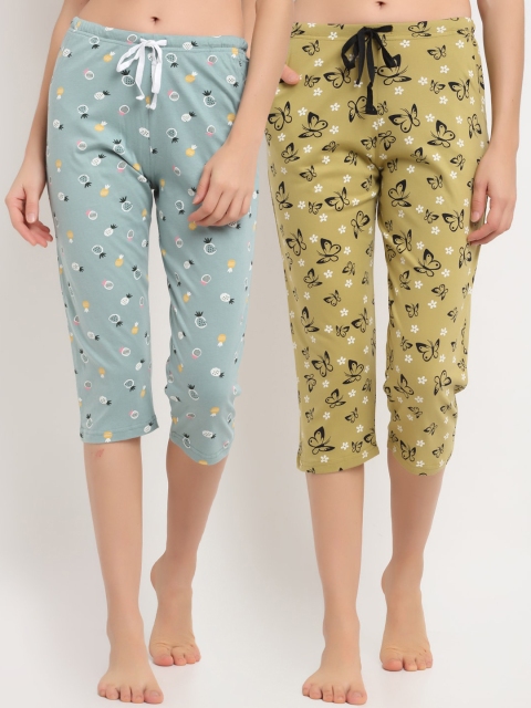 

Kanvin Pack of 2 Women Printed Three-Fourth Length Cotton Lounge Pants, Green