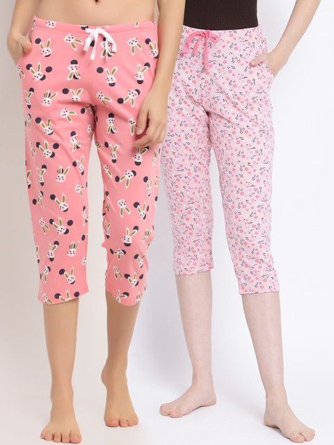 

Kanvin Women Pink Printed Set of 2 Three Fourth Length Cotton Lounge Pants