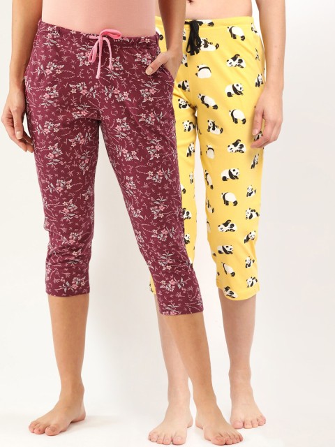 

Kanvin Women Pack of 2 Printed Pure Cotton Three-Fourth Mid-Rise Lounge Pants, Maroon