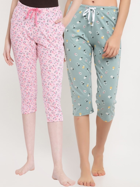 

Kanvin Pack of 2 Women Printed Three-Fourth Length Cotton Lounge Pants, Green
