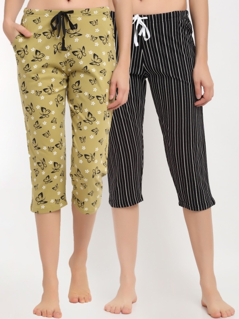 

Kanvin Women Pack Of 2 Printed Pure Cotton Three-Fourth Lounge Pants, Green