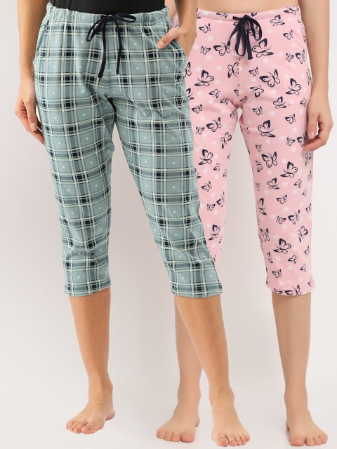

Kanvin Women Pack of 2 Pure Cotton Capri Lounge Pants, Blue