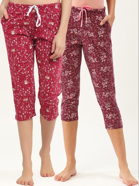 

Kanvin Women Pack of 2 Printed Pure Cotton Capri Lounge Pants, Maroon