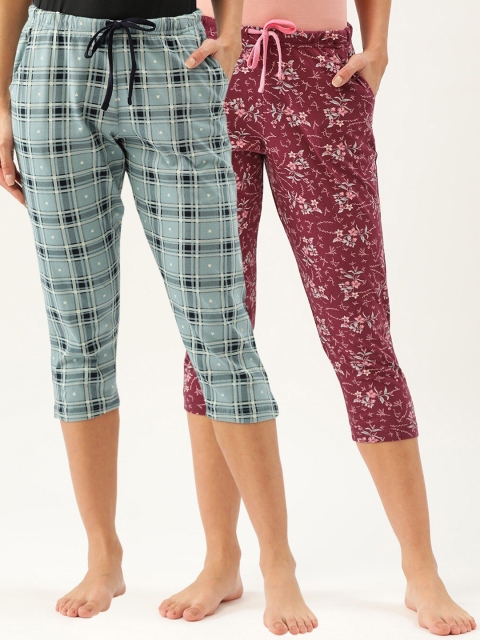 

Kanvin Pack of 2 Blue & Maroon Pure Cotton Capri Lounge Pants