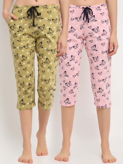 

Kanvin Women Pack of 2 Printed Pure Cotton Capri Lounge Pants, Pink