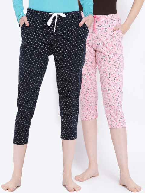 

Kanvin Women Pack of 2 Printed Pure Cotton Capri Lounge Pants, Pink