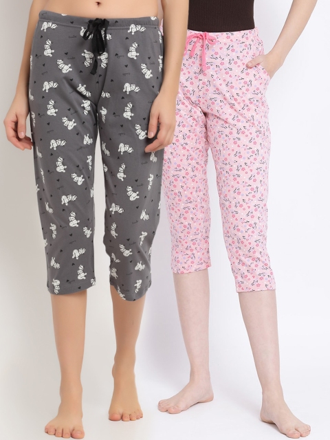 

Kanvin Women Pink & Grey Pack Of 2 Printed Pure Cotton Straight Capri Lounge Pants