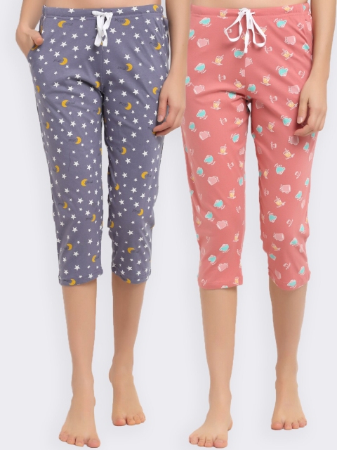 

Kanvin Women Pack of 2 Printed Pure Cotton Capri Lounge Pants, Coral