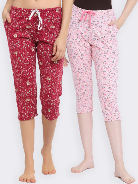 

Kanvin Women Pink & Red Pack of 2 Printed Mid-Rise Pure Cotton Straight Capri Lounge Pants