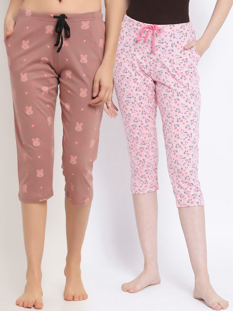 

Kanvin Women Pack of 2 Printed Pure Cotton Lounge Pants, Pink