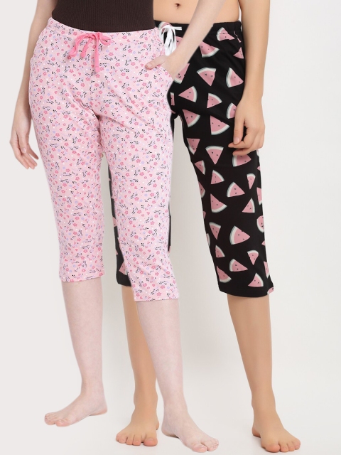 

Kanvin Pack Of 2 Women Black & Pink Printed Lounge Pants