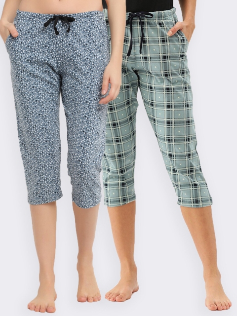 

Kanvin Women Pack of 2 Pure Cotton Capri Lounge Pants, Blue
