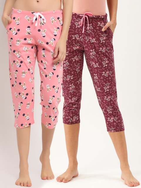 

Kanvin Women Pack Of 2 Printed Cotton Lounge Pants, Maroon