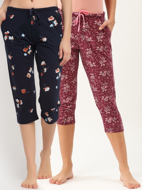 

Kanvin Women Pack of 2 Printed Pure Cotton Capri Lounge Pants, Maroon