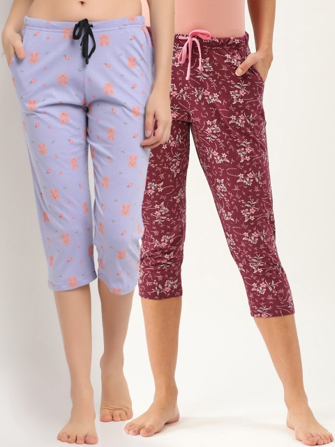 

Kanvin Women Pack of 2 Printed Pure Cotton Three-Fourth Lounge Pants, Maroon