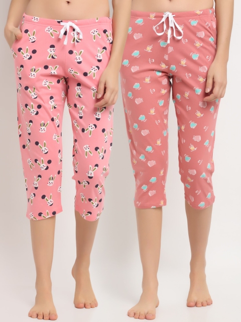 

Kanvin Women Pack of 2 Printed Pure Cotton Capri Lounge Pants, Coral