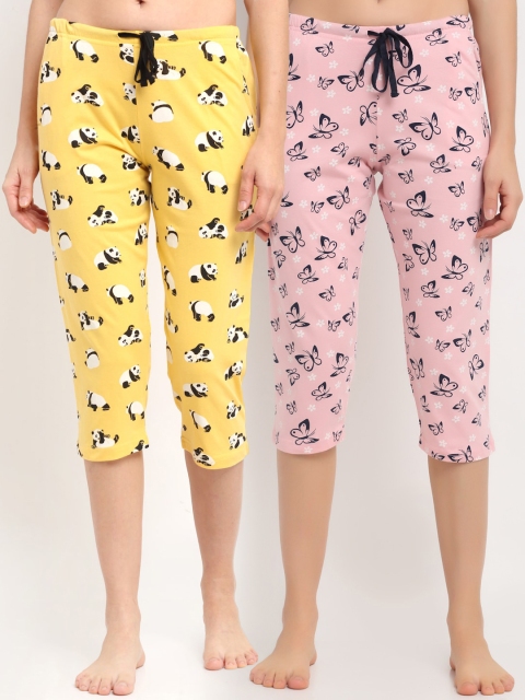 

Kanvin Women Pink & Yellow Pack Of 2 Printed Pure Cotton Straight Capri Lounge Pants