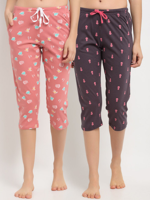 

Kanvin Women Coral Pink & Purple Pack Of 2 Printed Pure Cotton Straight Capri Lounge Pants