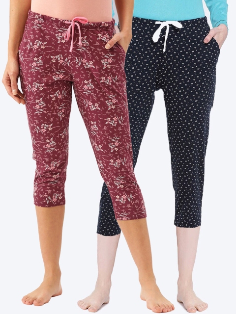 

Kanvin Women Burgundy & Navy Blue Pack Of 2 Printed Pure Cotton Straight Lounge Pants