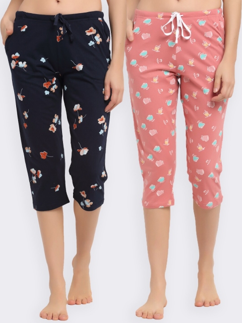 

Kanvin Women Pack of 2 Printed Pure Cotton Three-Fourth Lounge Pants, Coral