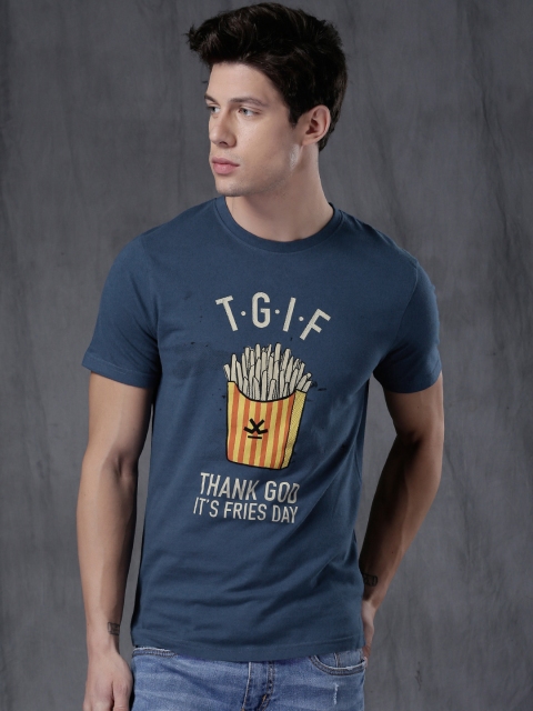 

WROGN Men Blue Printed Round Neck T-Shirt